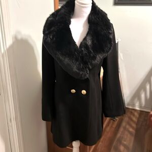 French Connection black, faux fur with gold buttons walking coat.Size L (8-10).